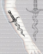 Wave blade dagger stencil shown on forearm placement example, wavy dagger tattoo that stays readable at medium sizes.