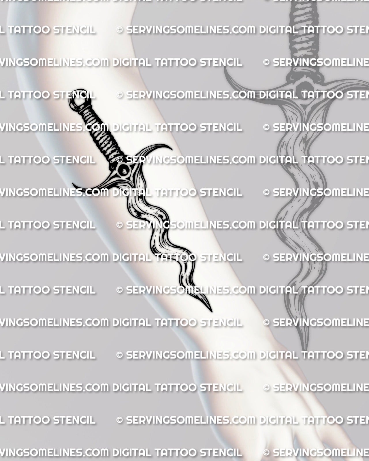 Wave blade dagger stencil shown on forearm placement example, wavy dagger tattoo that stays readable at medium sizes.