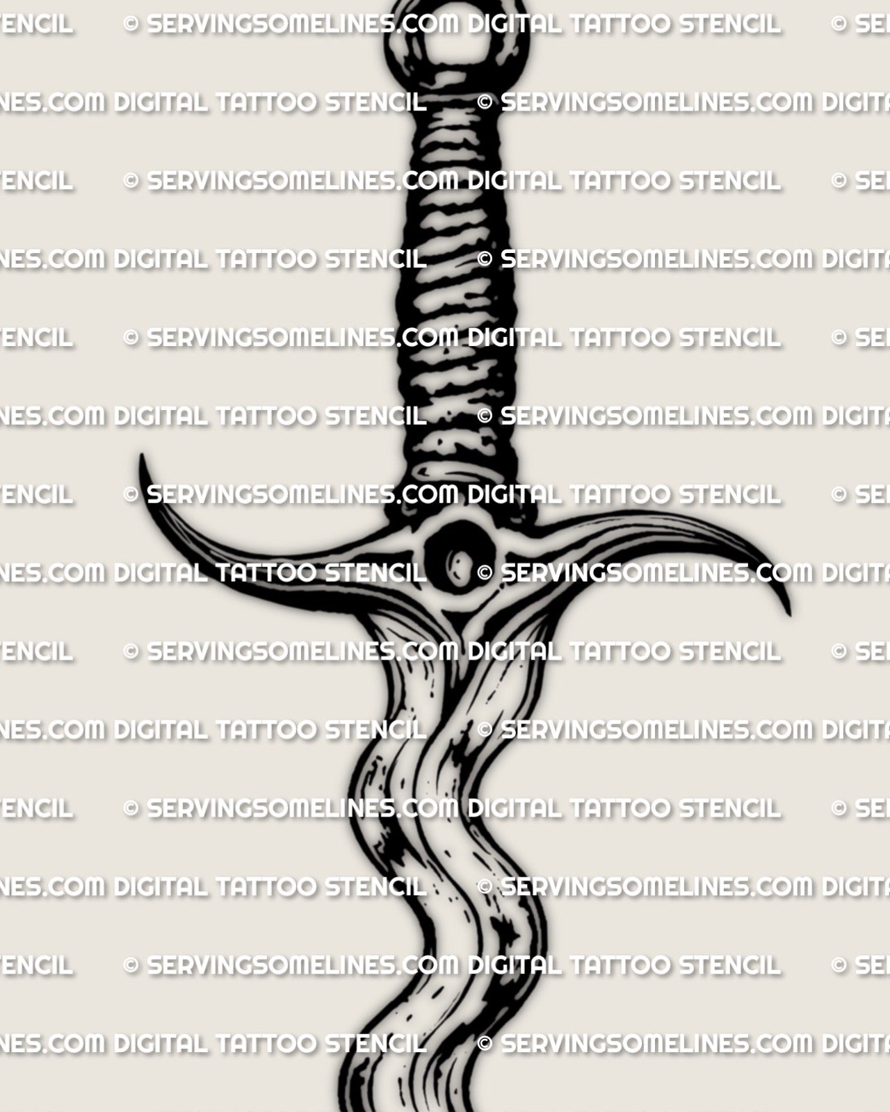Close-up of the wavy blade dagger tattoo stencil, three-wave blade edge and simple guard detail for crisp transfer.
