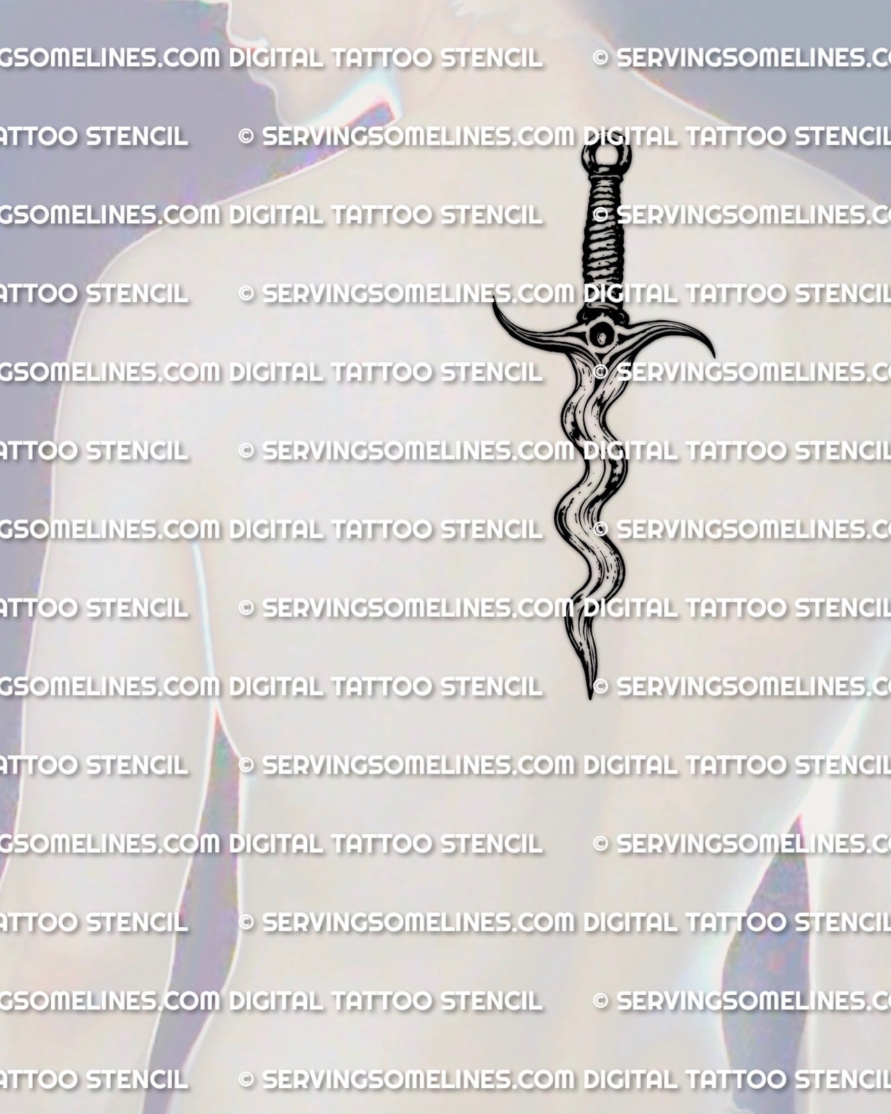 Wavy blade dagger stencil shown on men’s upper back center placement, long vertical kris blade shape for balanced layout.