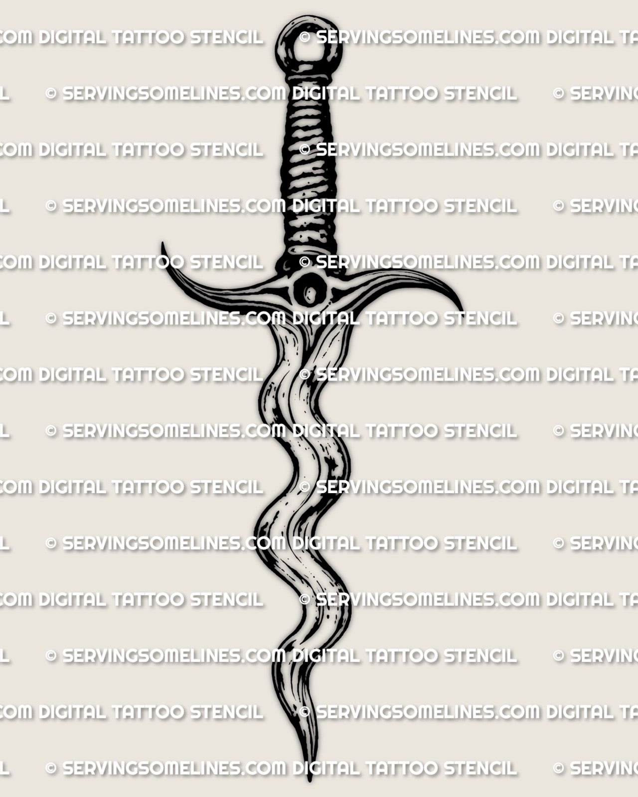 Wavy dagger tattoo stencil design, wave-bladed kris silhouette, instant download file for printing, PNG and PDF included.