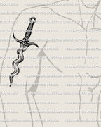 Wavy dagger tattoo stencil displayed on men’s arm placement example, clean wave-bladed dagger silhouette for fast sizing.