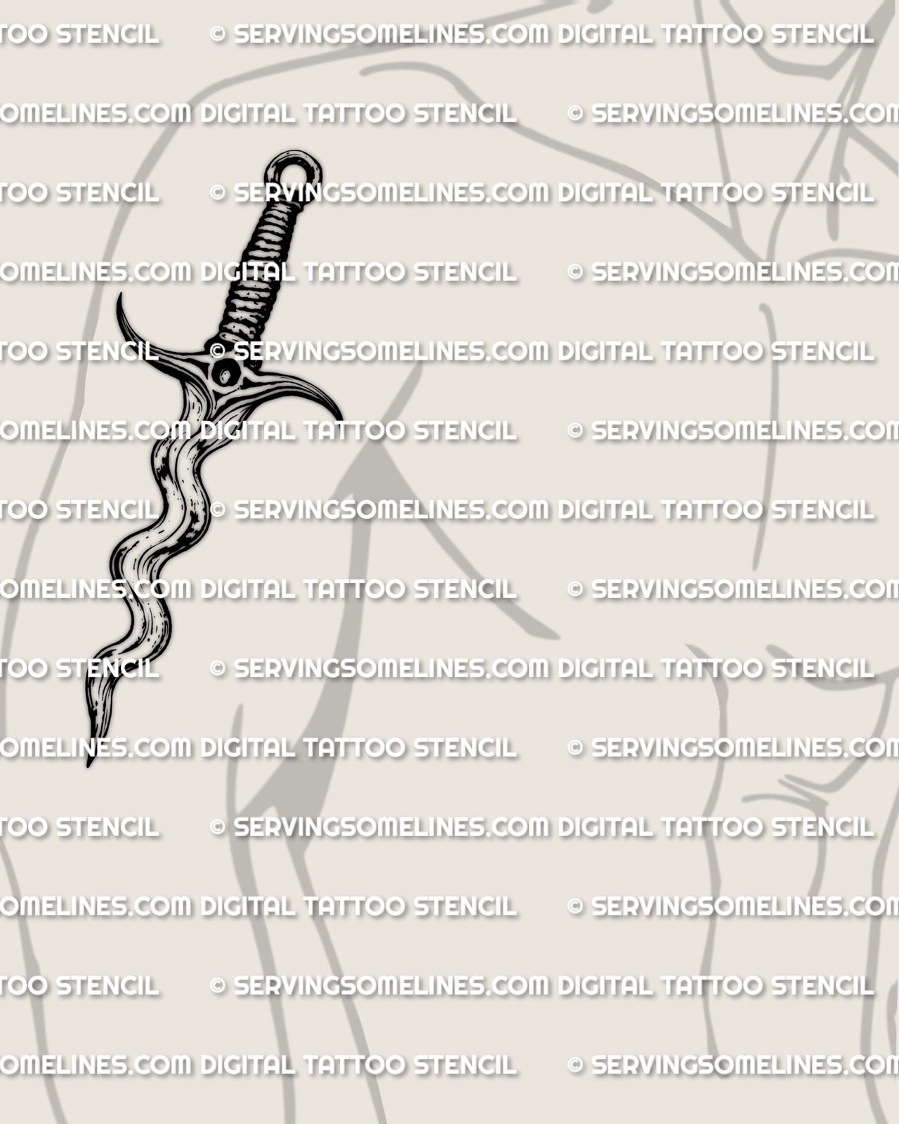 Wavy dagger tattoo stencil displayed on men’s arm placement example, clean wave-bladed dagger silhouette for fast sizing.