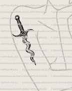 Wavy blade dagger tattoo stencil shown on women’s arm placement, slim wave blade for a clean, readable fit when resized.