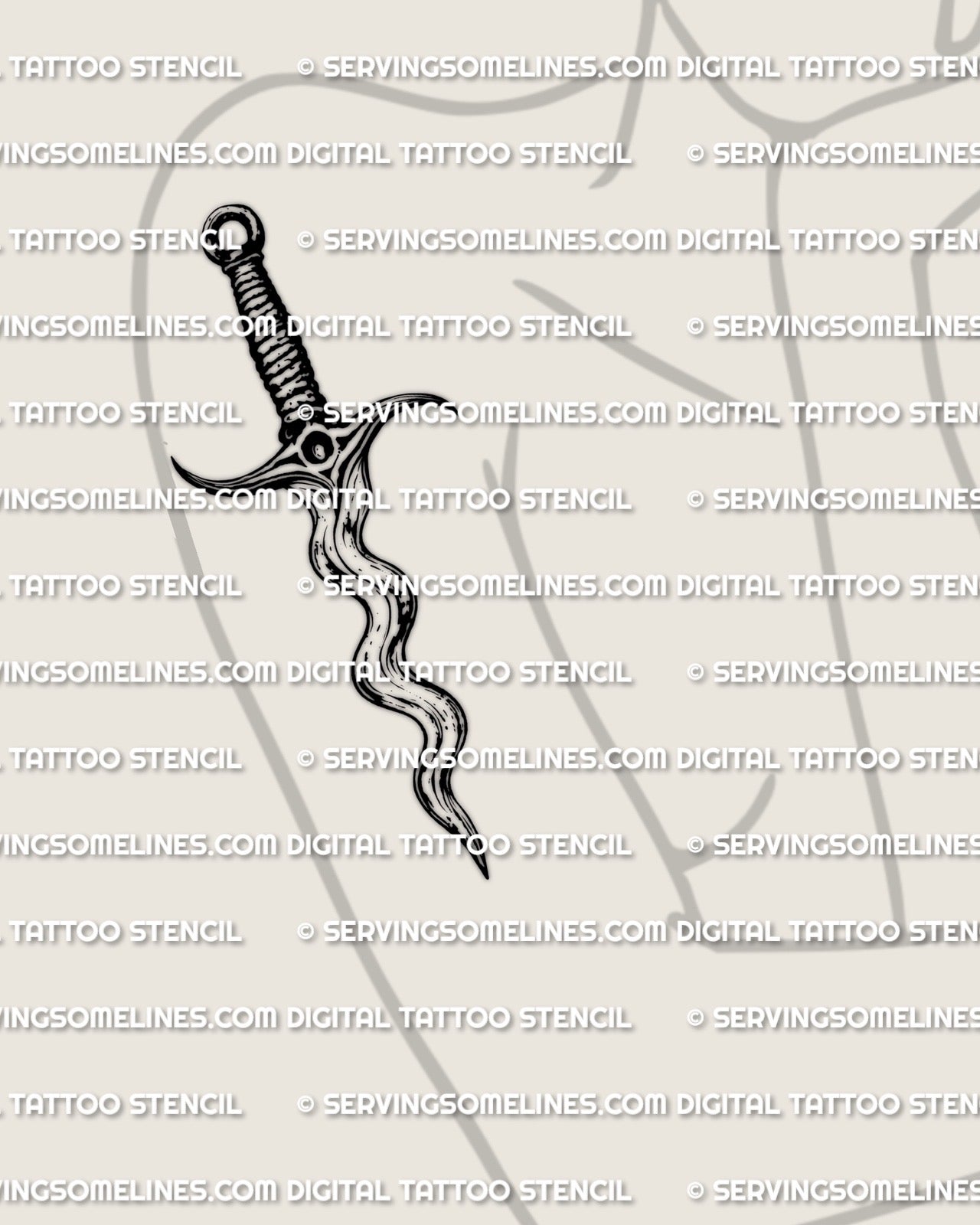 Wavy blade dagger tattoo stencil shown on women’s arm placement, slim wave blade for a clean, readable fit when resized.