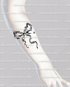 wavy liquid ribbon tattoo stencil on forearm, abstract marble design with fluid feminine lines and minimal coquette bow flow