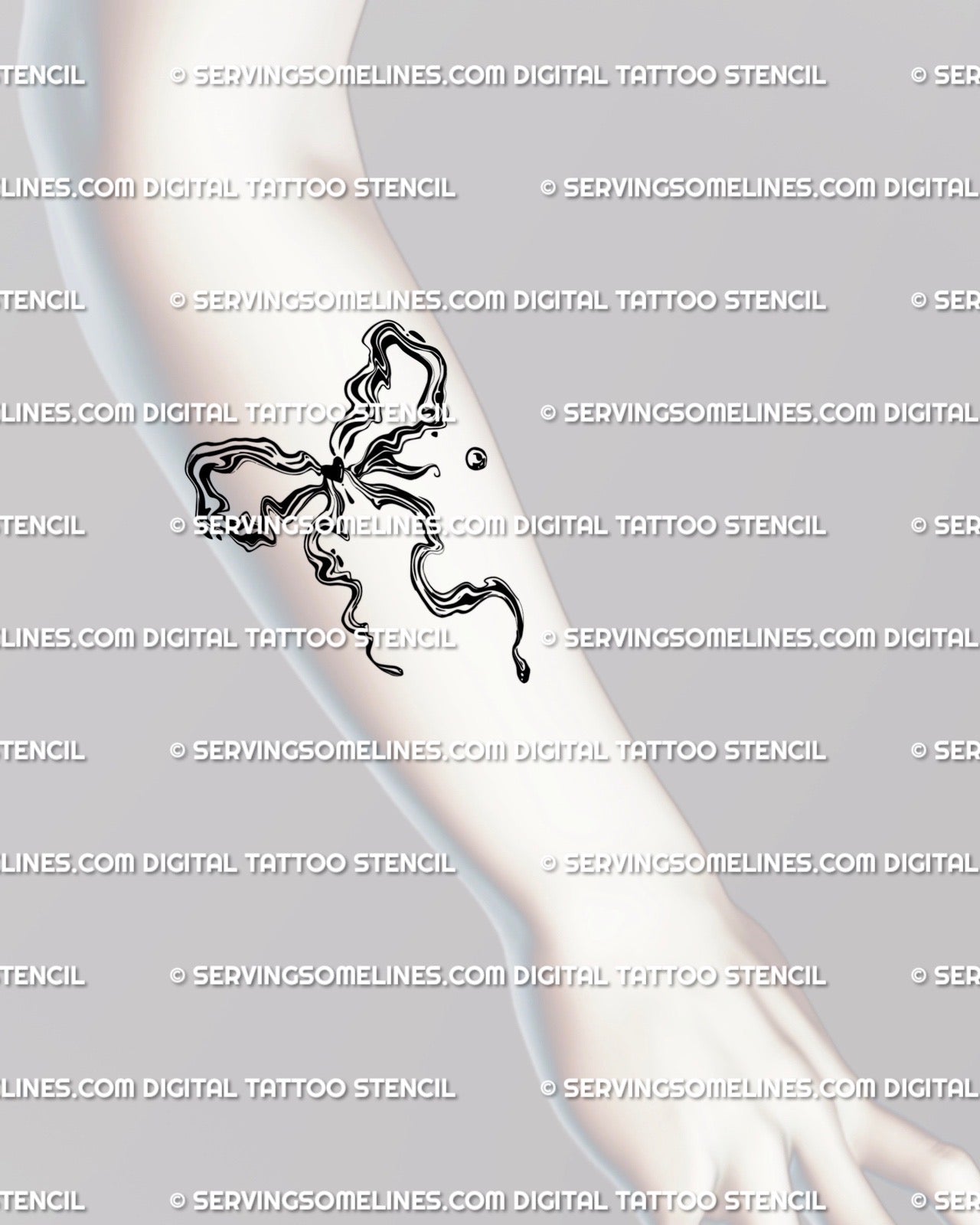 wavy liquid ribbon tattoo stencil on forearm, abstract marble design with fluid feminine lines and minimal coquette bow flow