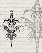 Web dagger tattoo stencil design, spider on dagger with wide spiderweb background, printable files