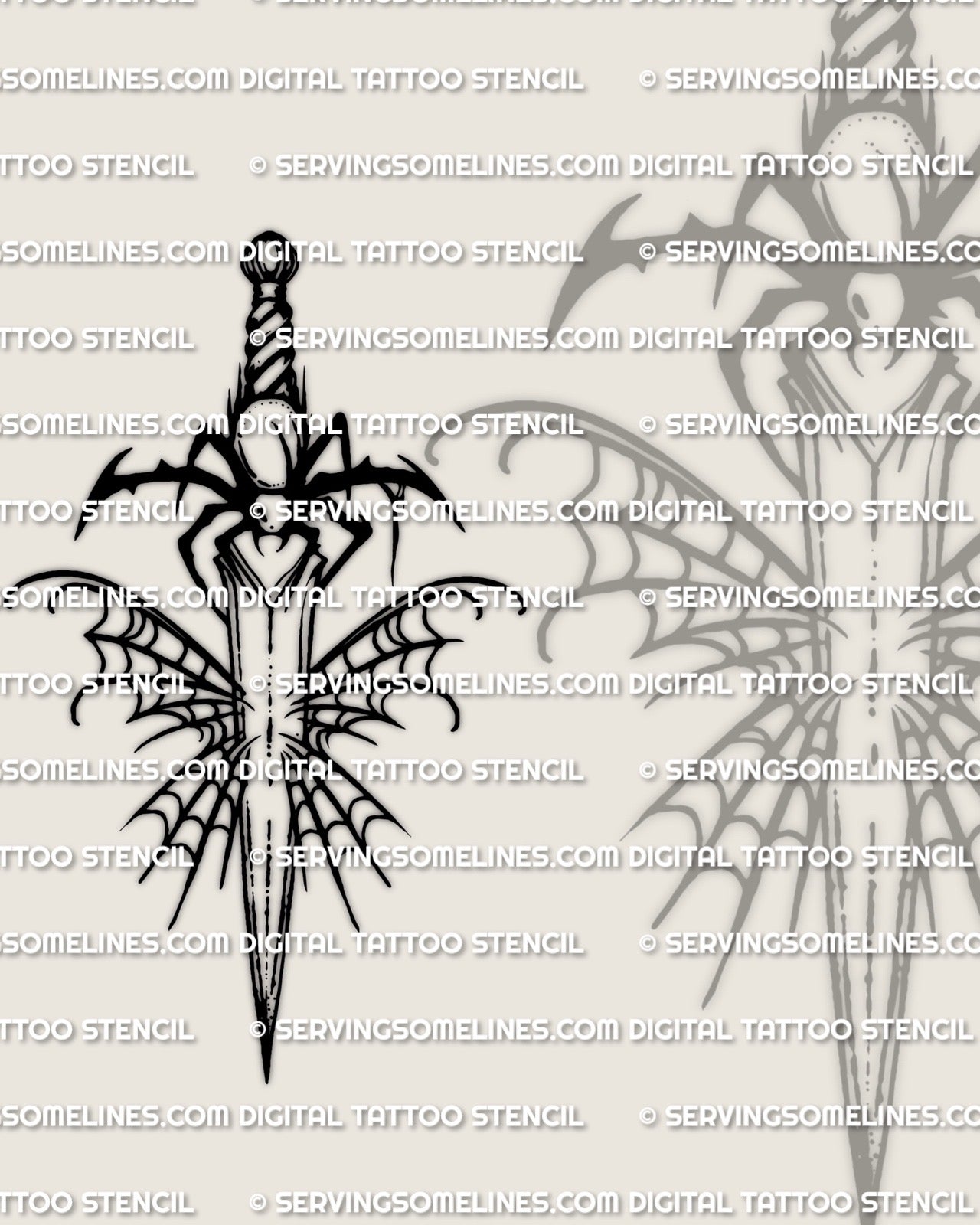 Web dagger tattoo stencil design, spider on dagger with wide spiderweb background, printable files