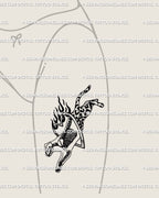 Female front thigh tattoo mockup of cheetah skeleton with flames and heart hoop, weirdcore surreal cat design digital tattoo stencil. 