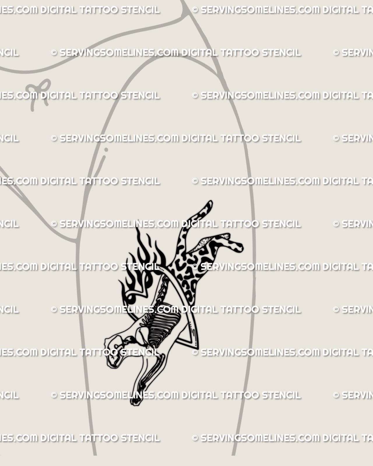 Female front thigh tattoo mockup of cheetah skeleton with flames and heart hoop, weirdcore surreal cat design digital tattoo stencil. 