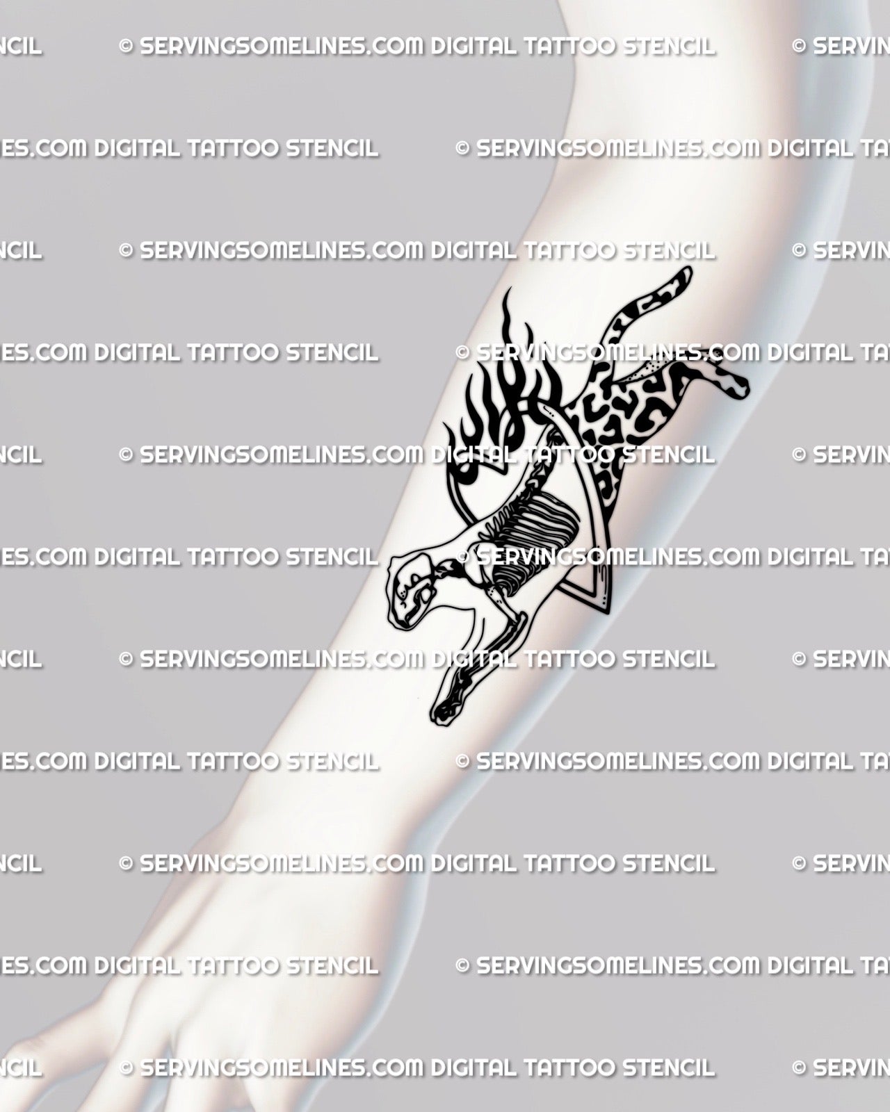 Digital tattoo stencil of flaming cheetah with half skeleton detail, displayed on forearm placement for realistic weirdcore tattoo preview.