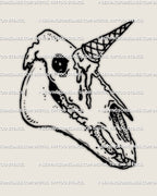Weirdcore unicorn skull tattoo flash with surreal ice cream horn concept, gothic fine line artwork displayed as digital stencil preview. 