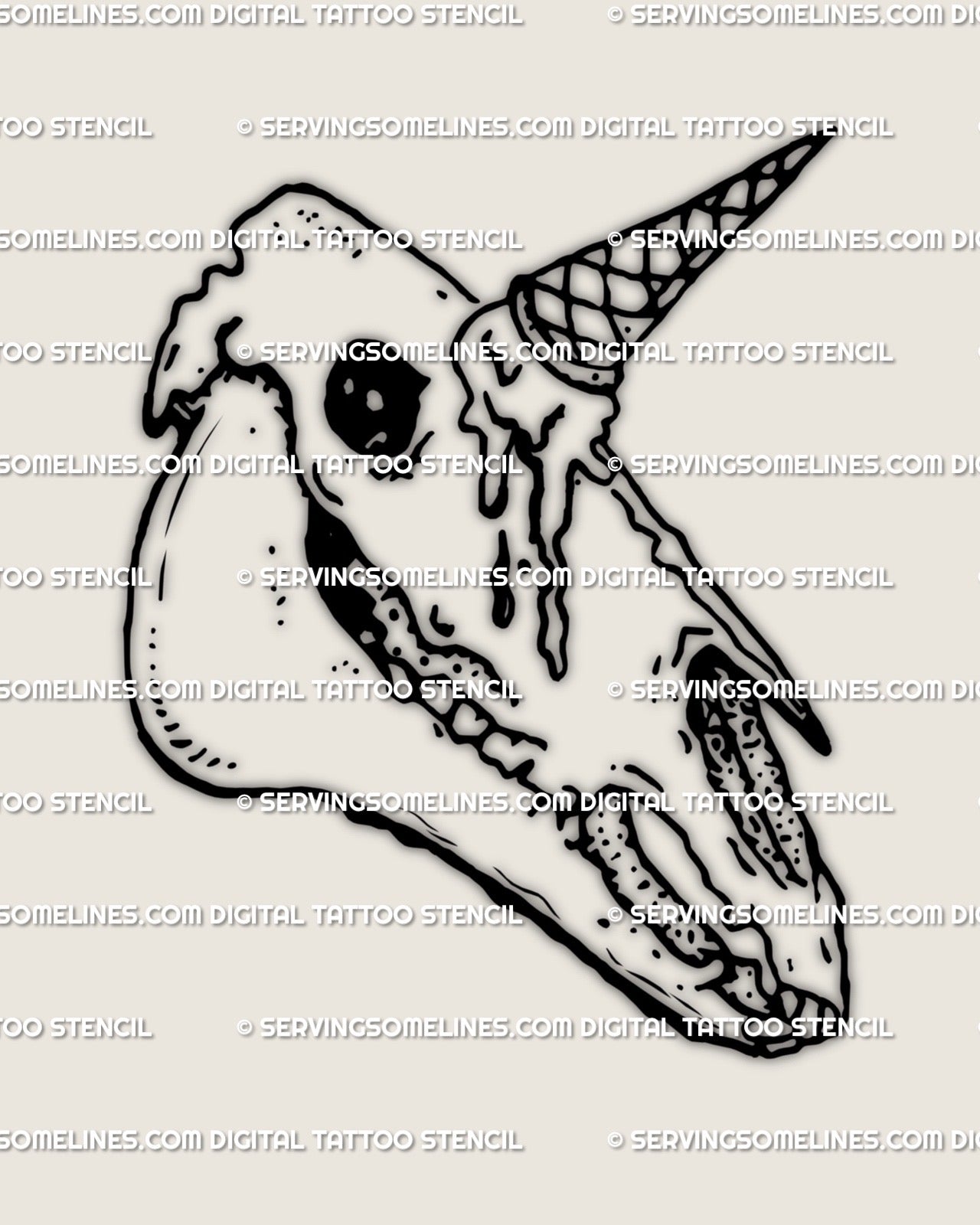 Weirdcore unicorn skull tattoo flash with surreal ice cream horn concept, gothic fine line artwork displayed as digital stencil preview. 