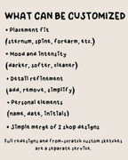 Customization options explained, fit to placement, tune mood, add remove simplify details, add name date initials, simple two design merge.