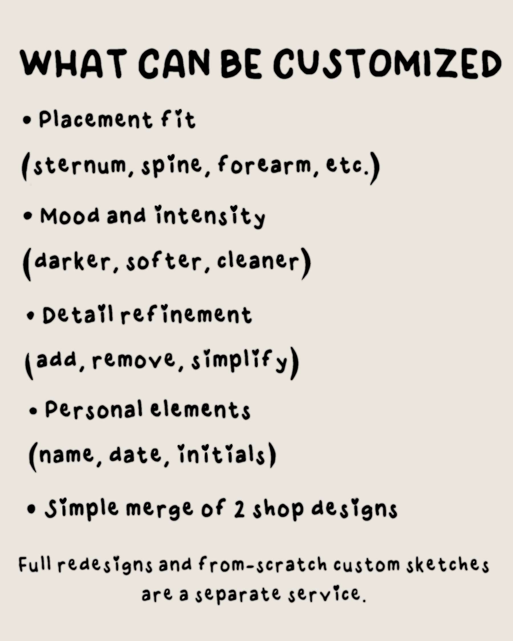 Customization options explained, fit to placement, tune mood, add remove simplify details, add name date initials, simple two design merge.