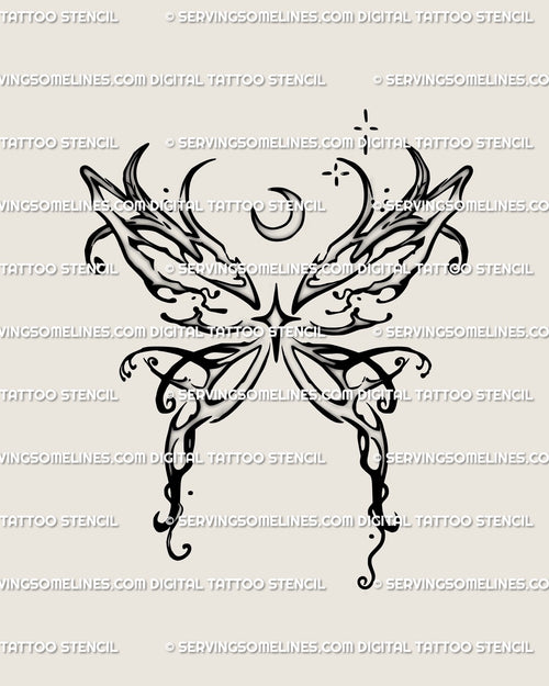 Delicate butterfly moon tattoo stencil with leafy wings and sparkles, abstract celestial line art for women’s tattoo design.