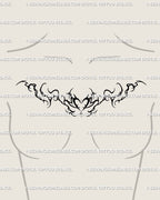 Feminine cybercore heart tattoo displayed on chest, whimsical ornamental linework design with dots and fluid symmetry. 