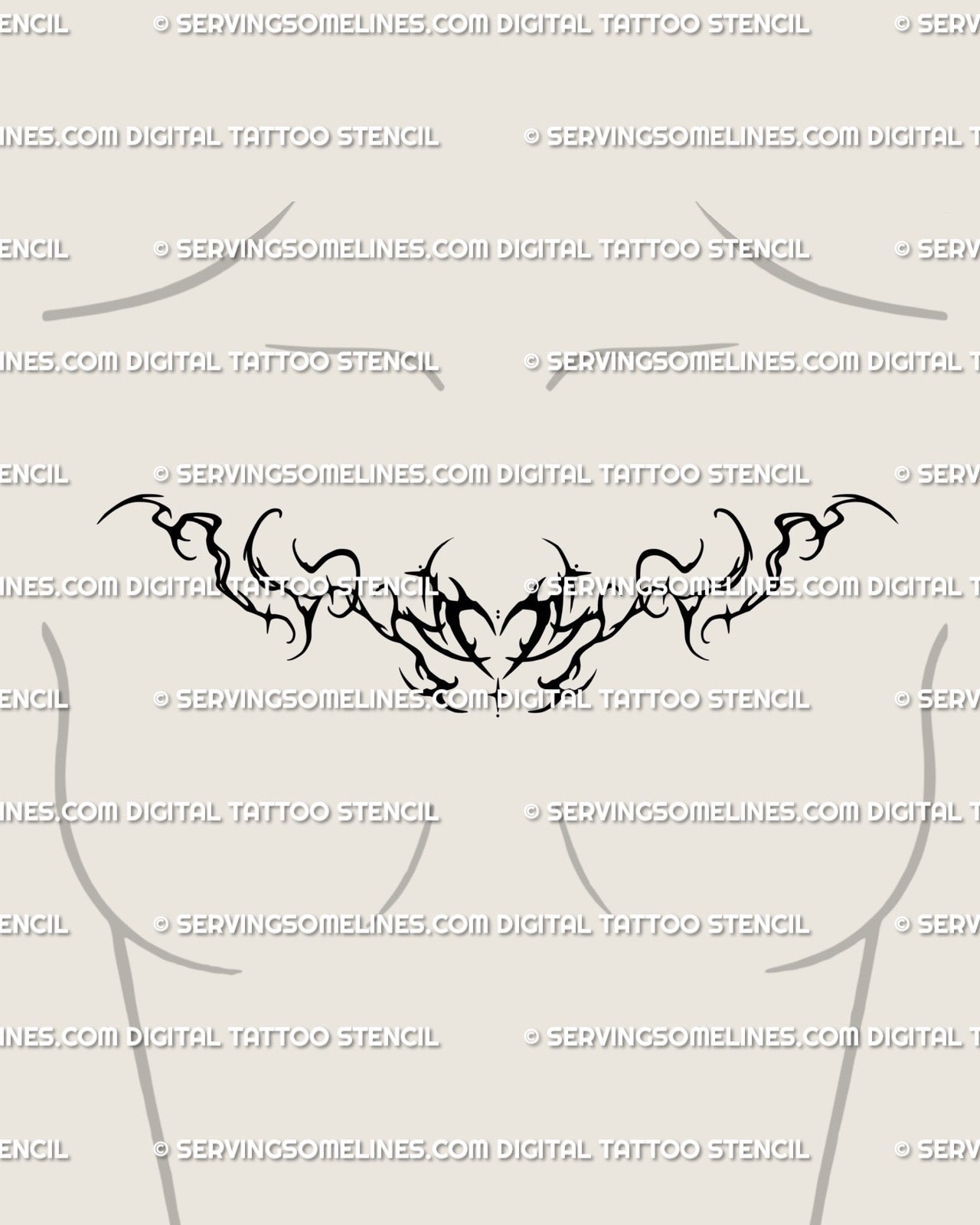 Feminine cybercore heart tattoo displayed on chest, whimsical ornamental linework design with dots and fluid symmetry. 