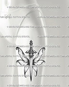 Whimsical dagger tattoo stencil shown on female front thigh, with fairy wing shape, sharp blade, and decorative hilt.