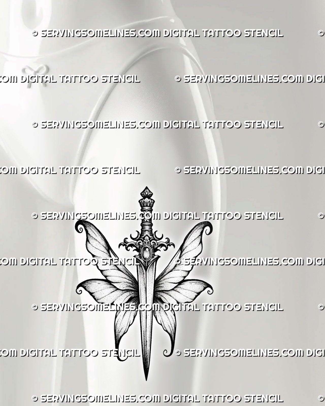 Whimsical dagger tattoo stencil shown on female front thigh, with fairy wing shape, sharp blade, and decorative hilt.