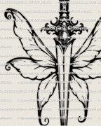 Whimsical fairy wing dagger tattoo stencil in fineline style, slim vertical blade with soft curled wing tips