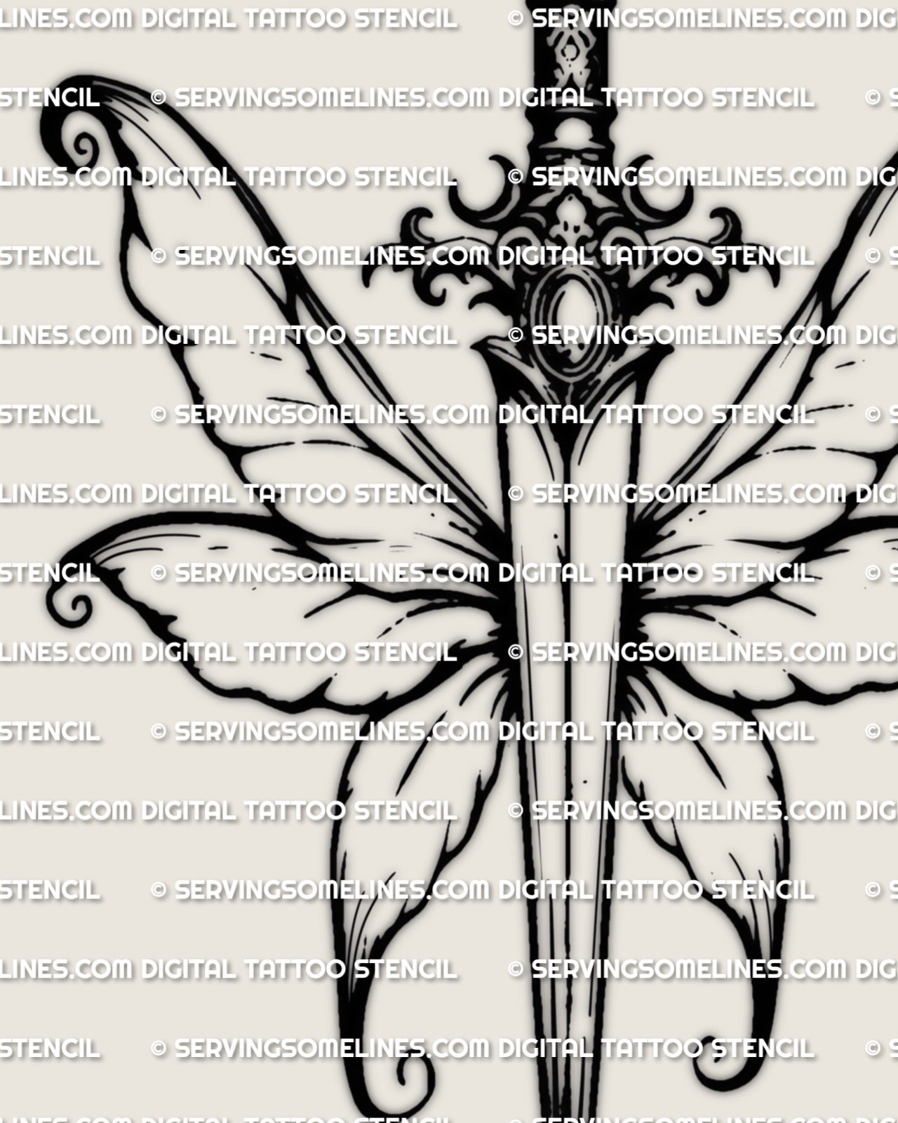 Whimsical fairy wing dagger tattoo stencil in fineline style, slim vertical blade with soft curled wing tips