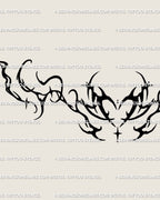 Whimsical heart tattoo stencil with ornamental cybercore curves, delicate dots and modern feminine linework, printable digital design.
