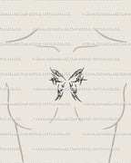 Wing emblem tattoo stencil displayed on womens chest center small placement example, printable digital wing design files.