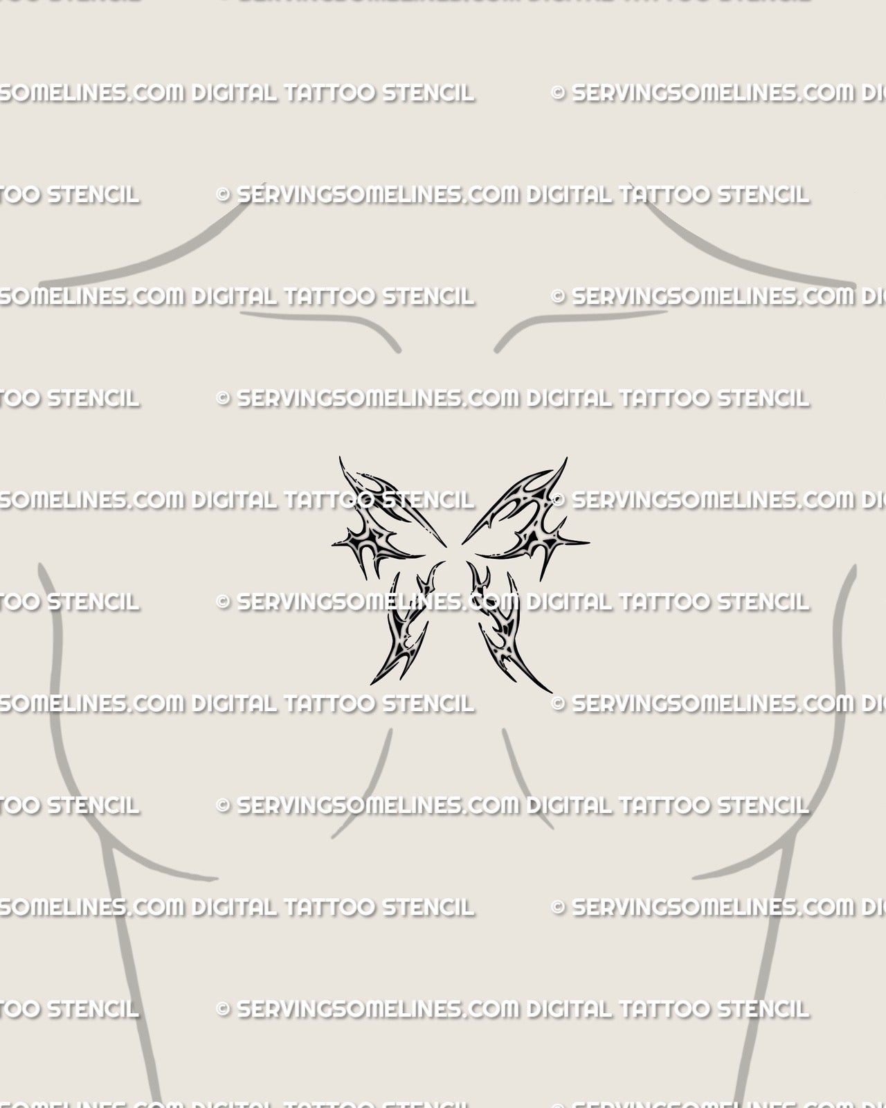 Wing emblem tattoo stencil displayed on womens chest center small placement example, printable digital wing design files.