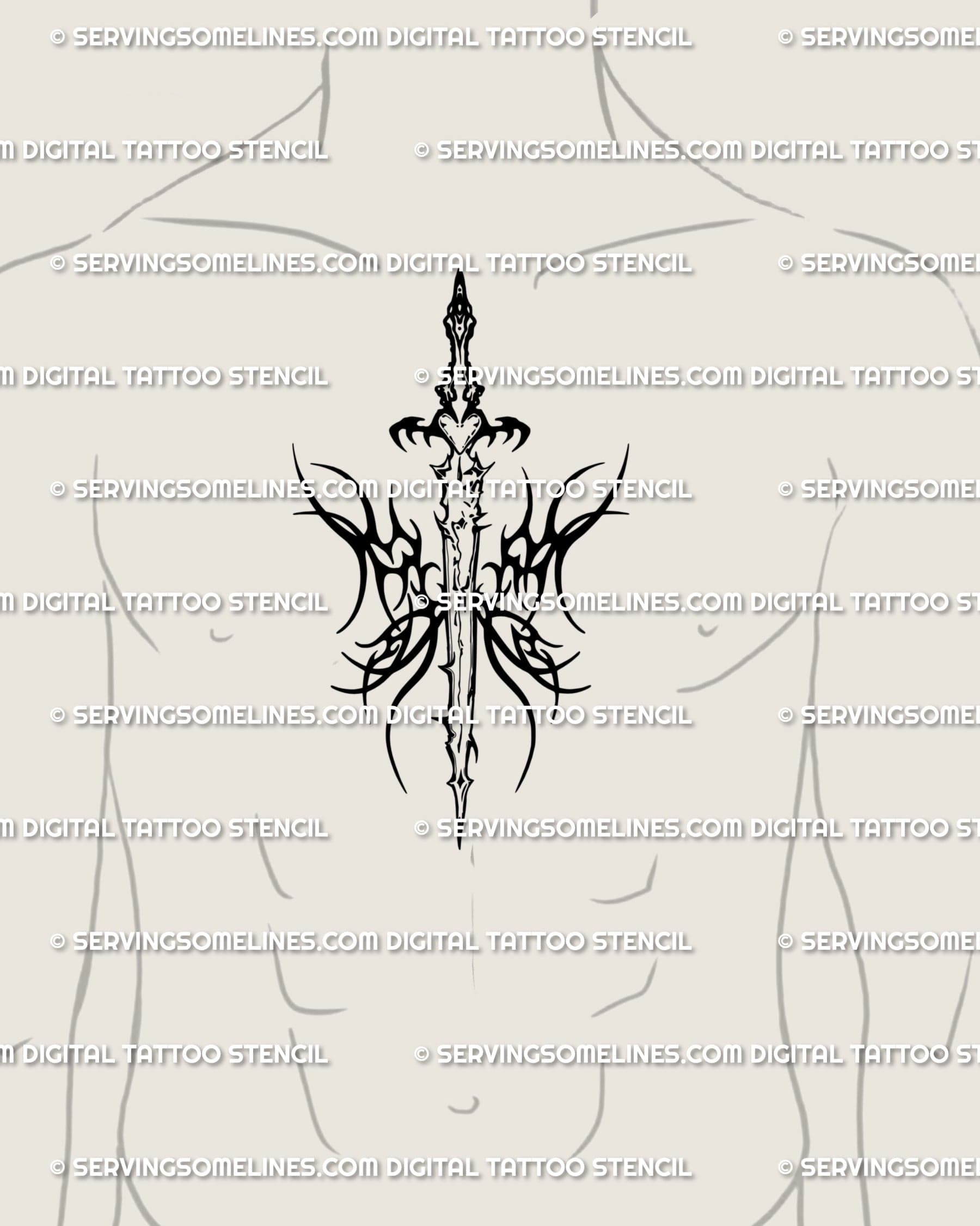 Wing sword tattoo stencil displayed on center chest placement example, neotribal blackwork sword with spiked wings.