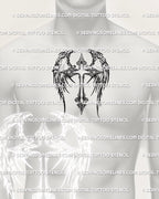 Winged cross tattoo stencil placed at center chest on male body, ornamental angel wings and cross designed for clean stencil transfer.
