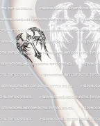 Winged cross tattoo stencil displayed on forearm placement example, angel wings framing a decorative cross
