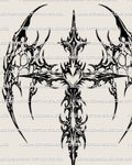 Winged cross tattoo stencil with heart center, neotribal linework and abstract wings, digital tattoo stencil design