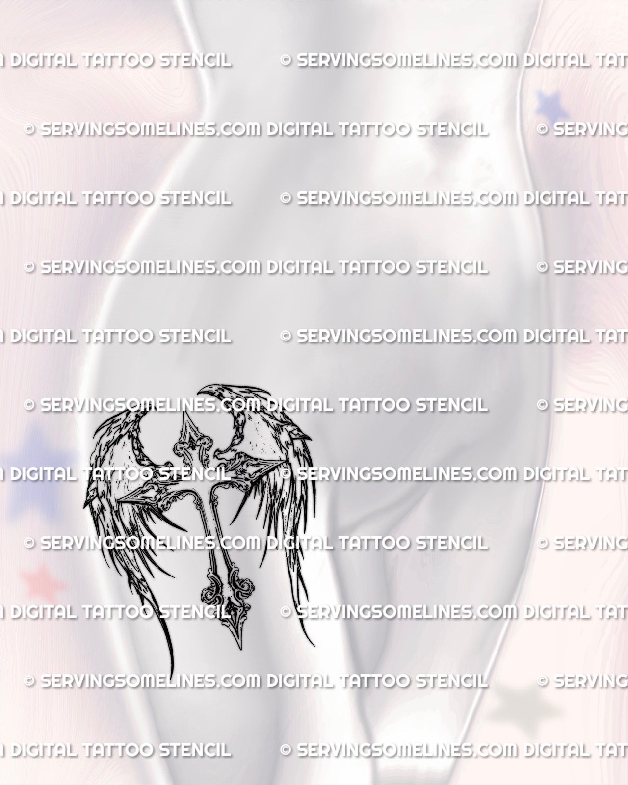 Winged cross tattoo stencil shown on women’s hip placement, soft ornamental wings and decorative cross tattoo file.
