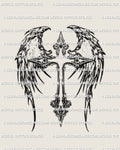 Angelic winged cross tattoo stencil design with ornamental linework, shown as a digital tattoo product ready for professional stencil transfer.
