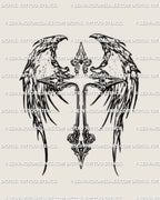 Angelic winged cross tattoo stencil design with ornamental linework, shown as a digital tattoo product ready for professional stencil transfer.