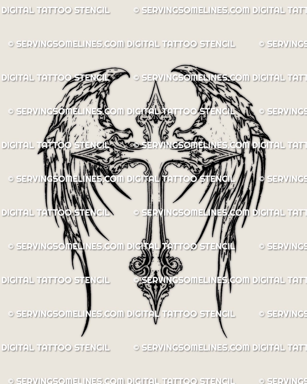 Angelic winged cross tattoo stencil design with ornamental linework, shown as a digital tattoo product ready for professional stencil transfer.