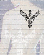 Winged cross tattoo stencil shown on mens upper back center placement example, angel wings cross design with digital download files.