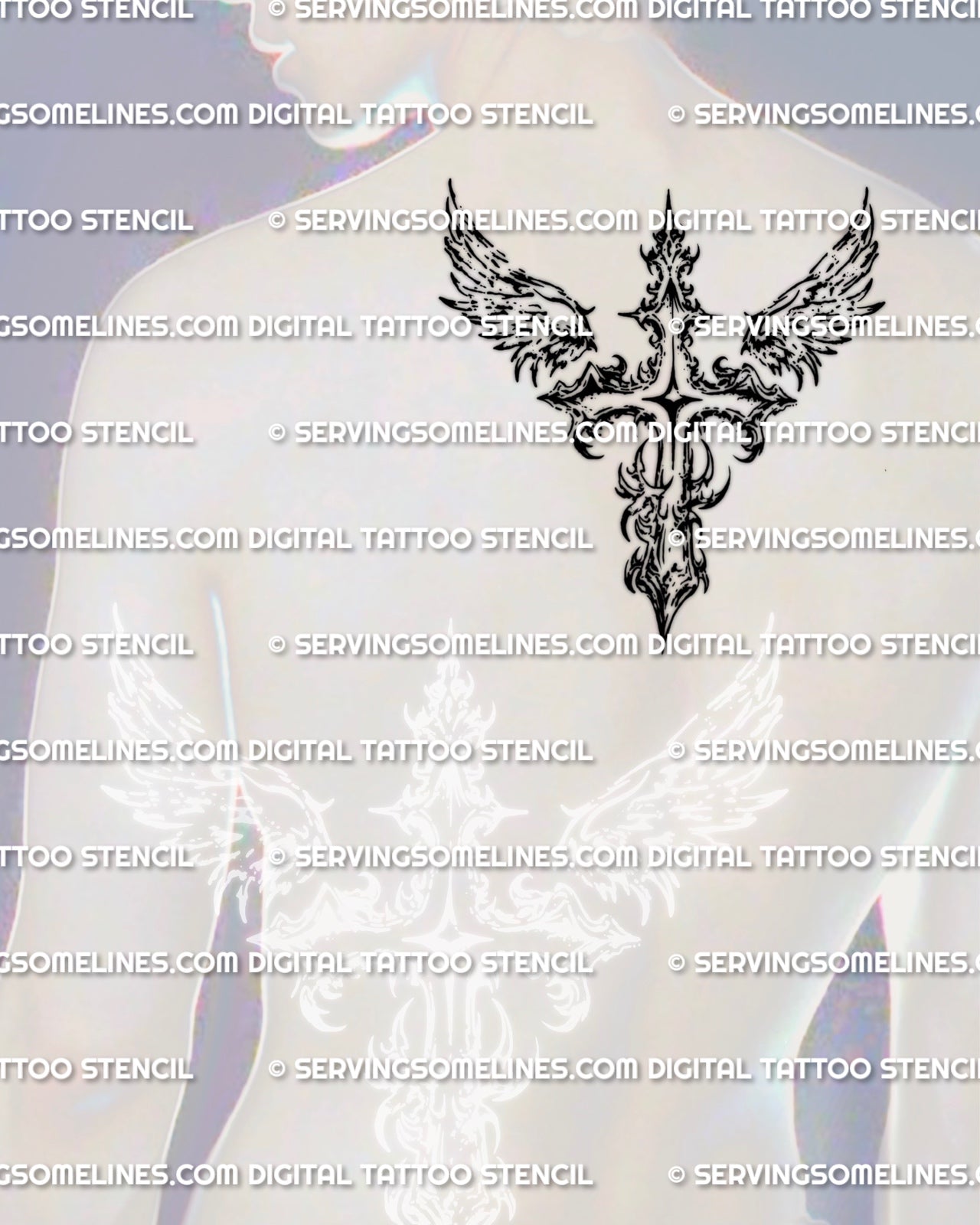 Winged cross tattoo stencil shown on mens upper back center placement example, angel wings cross design with digital download files.