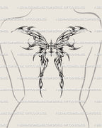 Winged cross tattoo stencil shown on womens back placement preview, symmetrical flaming wings design with digital download files.