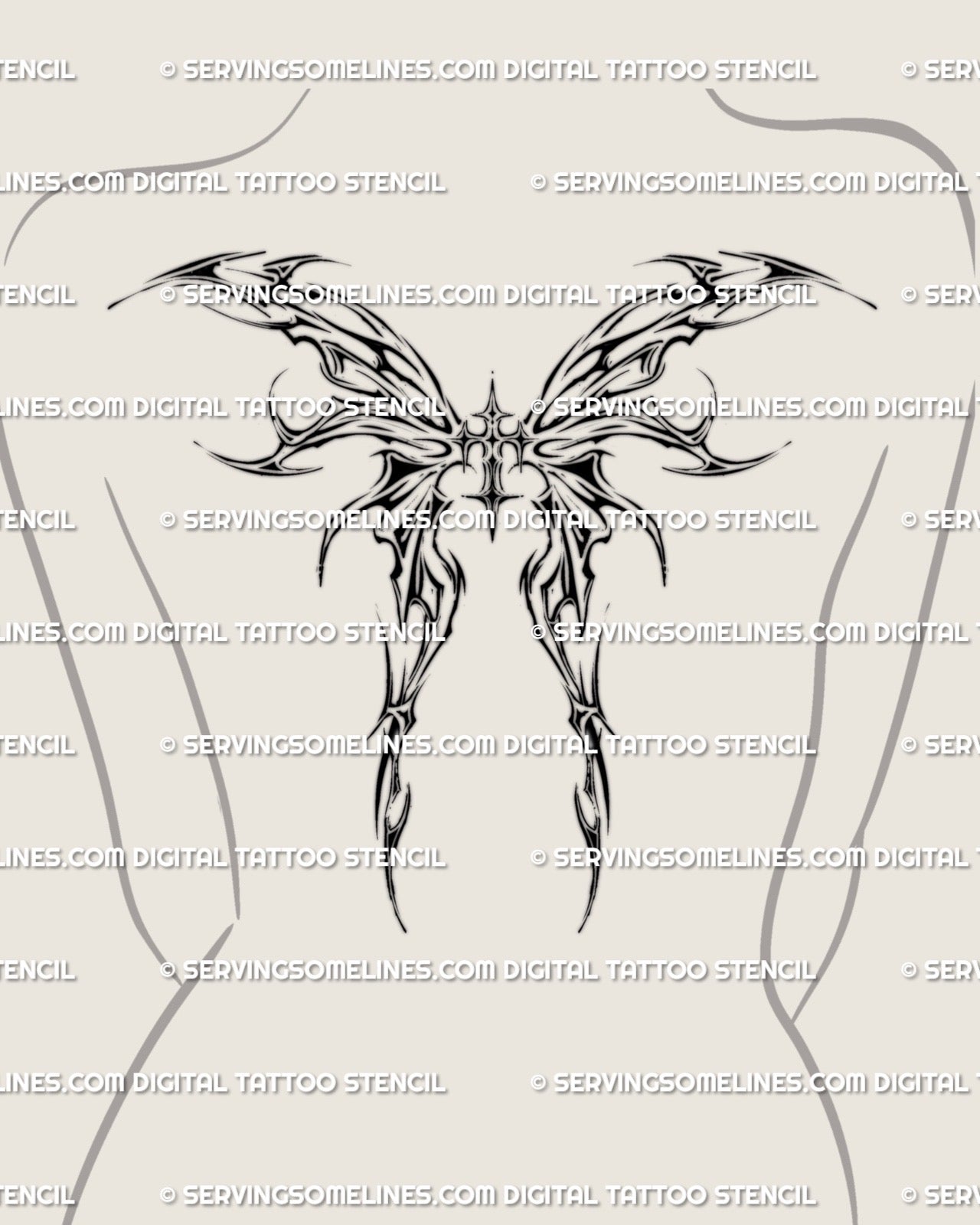 Winged cross tattoo stencil shown on womens back placement preview, symmetrical flaming wings design with digital download files.