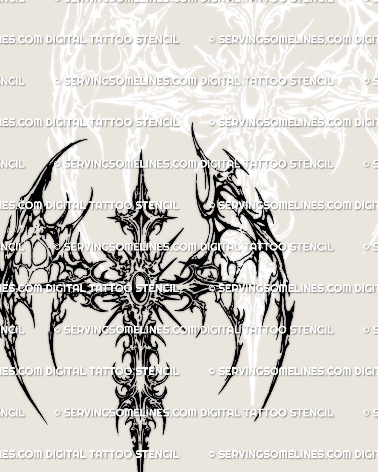 Winged cross tattoo with gem center, abstract neotribal wing shapes and ornamental spikes, designed as a clean digital tattoo stencil