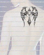 Winged cross tattoo stencil shown on men’s upper back near neck placement, ornamental angel wings and cross tattoo stencil.