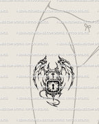 Winged demon padlock tattoo stencil shown on feminine thigh placement, horned lock emblem, cyber tribal blackwork.