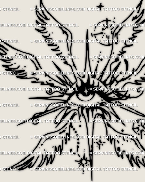 fine line winged eye outline tattoo stencil featuring soft feathers and a celestial center created as a clean digital design preview