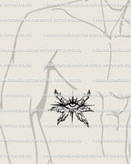 Winged eye tattoo stencil positioned on male side ribs, clean digital line art with symmetrical seraphim wings flowing with body shape. 