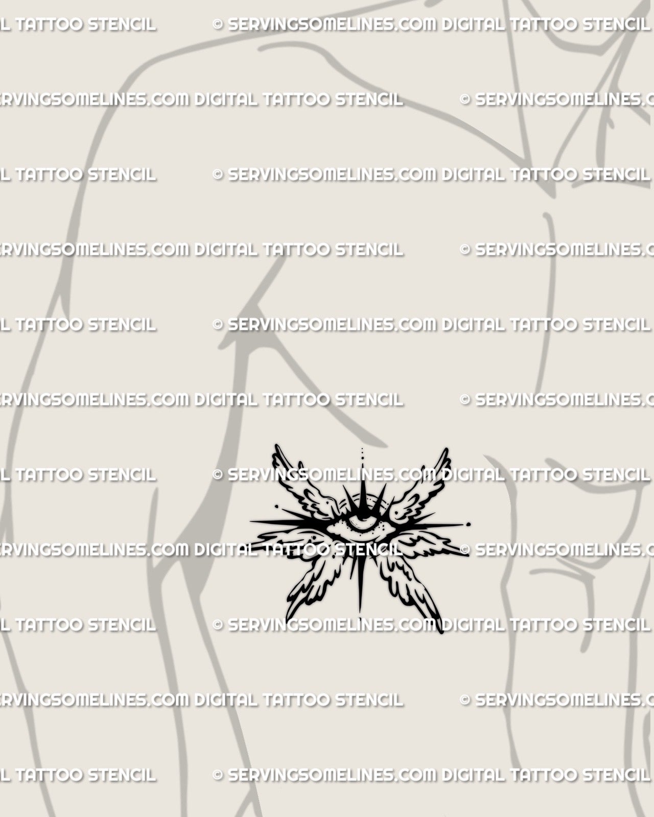 Winged eye tattoo stencil positioned on male side ribs, clean digital line art with symmetrical seraphim wings flowing with body shape. 