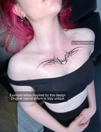Winged heart tattoo on female chest center, neotribal cyber-sigil design with gothic Y2K flair and fine-line heart wings symmetry.
