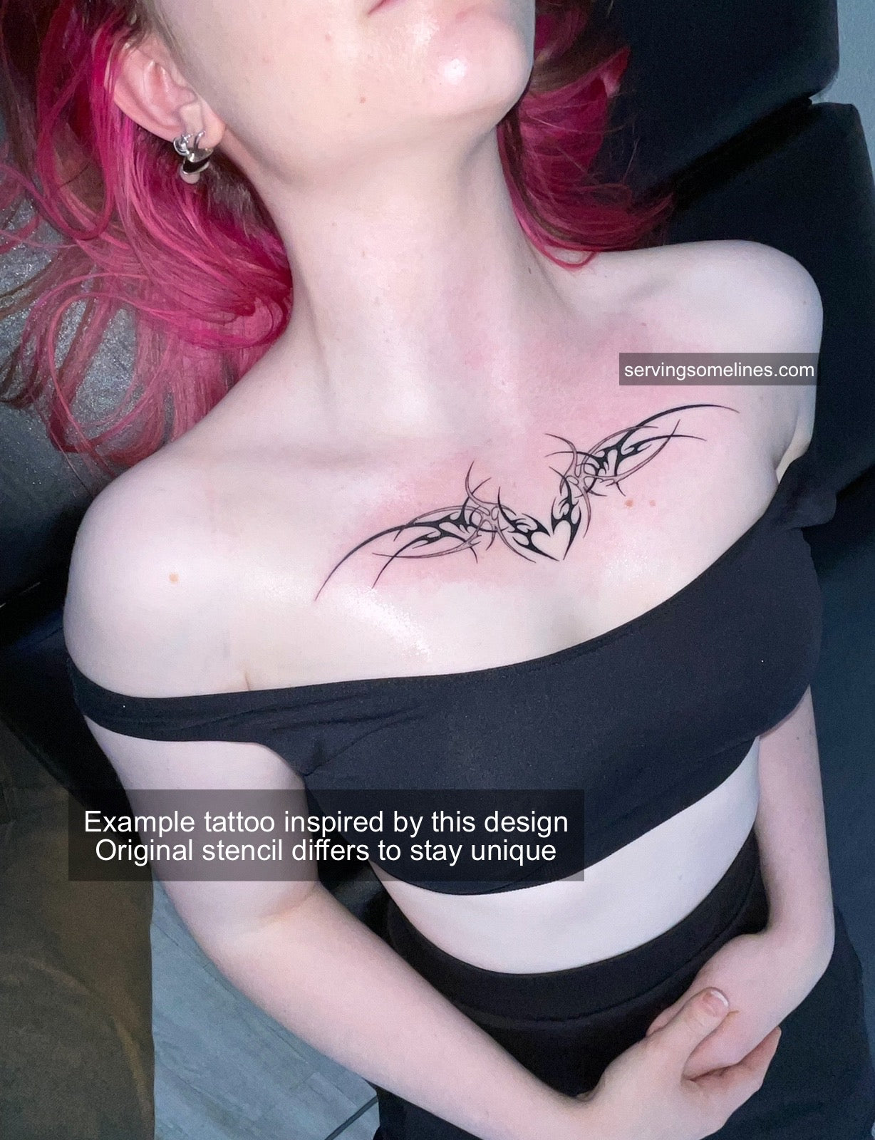 Winged heart tattoo on female chest center, neotribal cyber-sigil design with gothic Y2K flair and fine-line heart wings symmetry.
